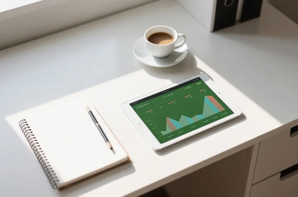 A clean, modern desk with a notebook, a cup of coffee, and a tablet showing abstract soccer statistics charts